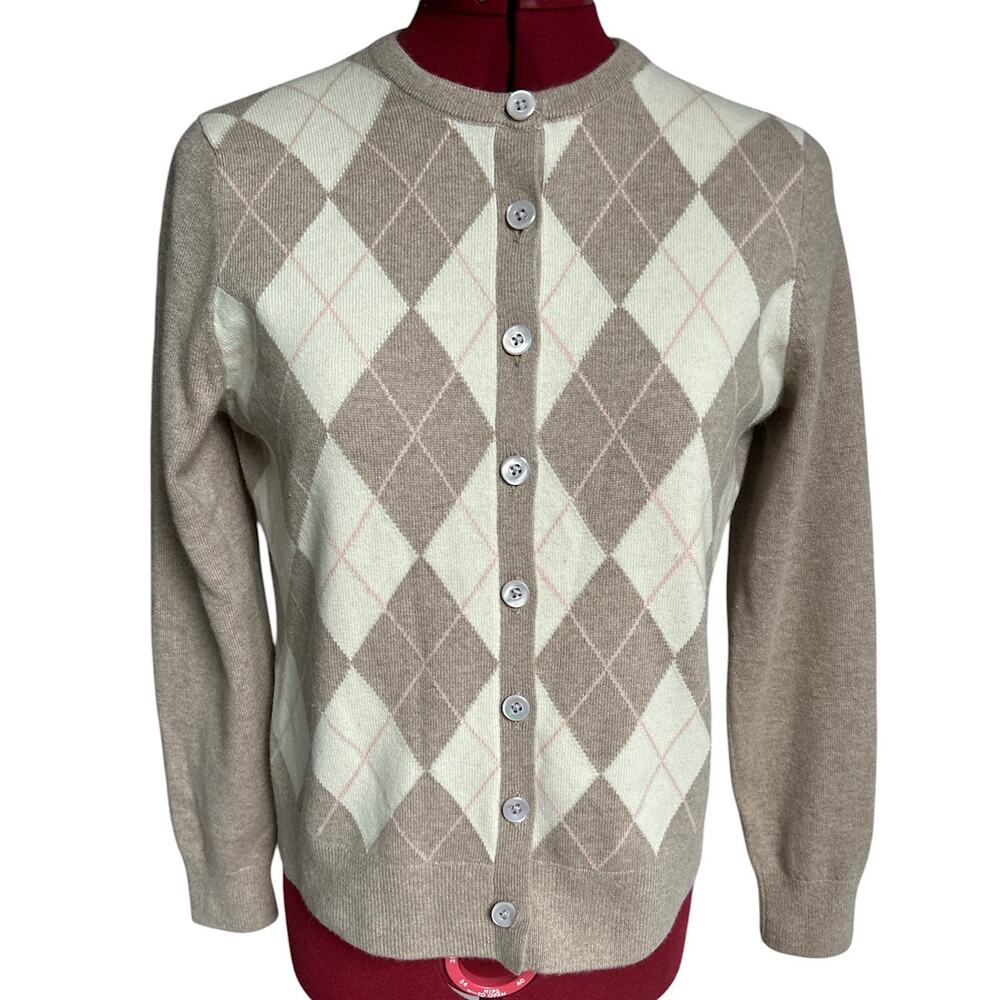 Lands End Women’s Small Petite US 6-8 100% Cashmere Argyle Cardigan Sweater‎